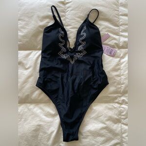 Black One-Piece Swimsuit with Rhinestone Detail